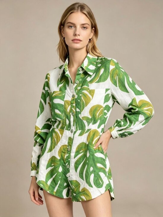 Farm Rio Pants - NWOT Farm Rio Linen Blend White Monstera Long Sleeve Romper Size M